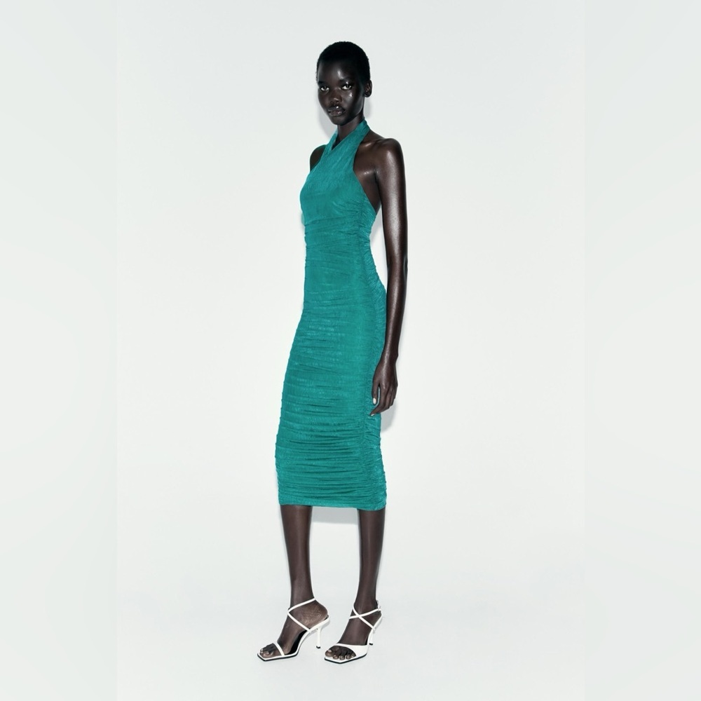 Zara NWT Teal Fitted Halter
Organza Dress, Size M